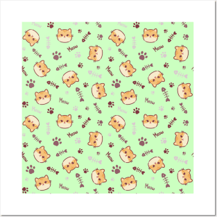 Seamless pattern of a cute red cats, bones and animal's paws Posters and Art